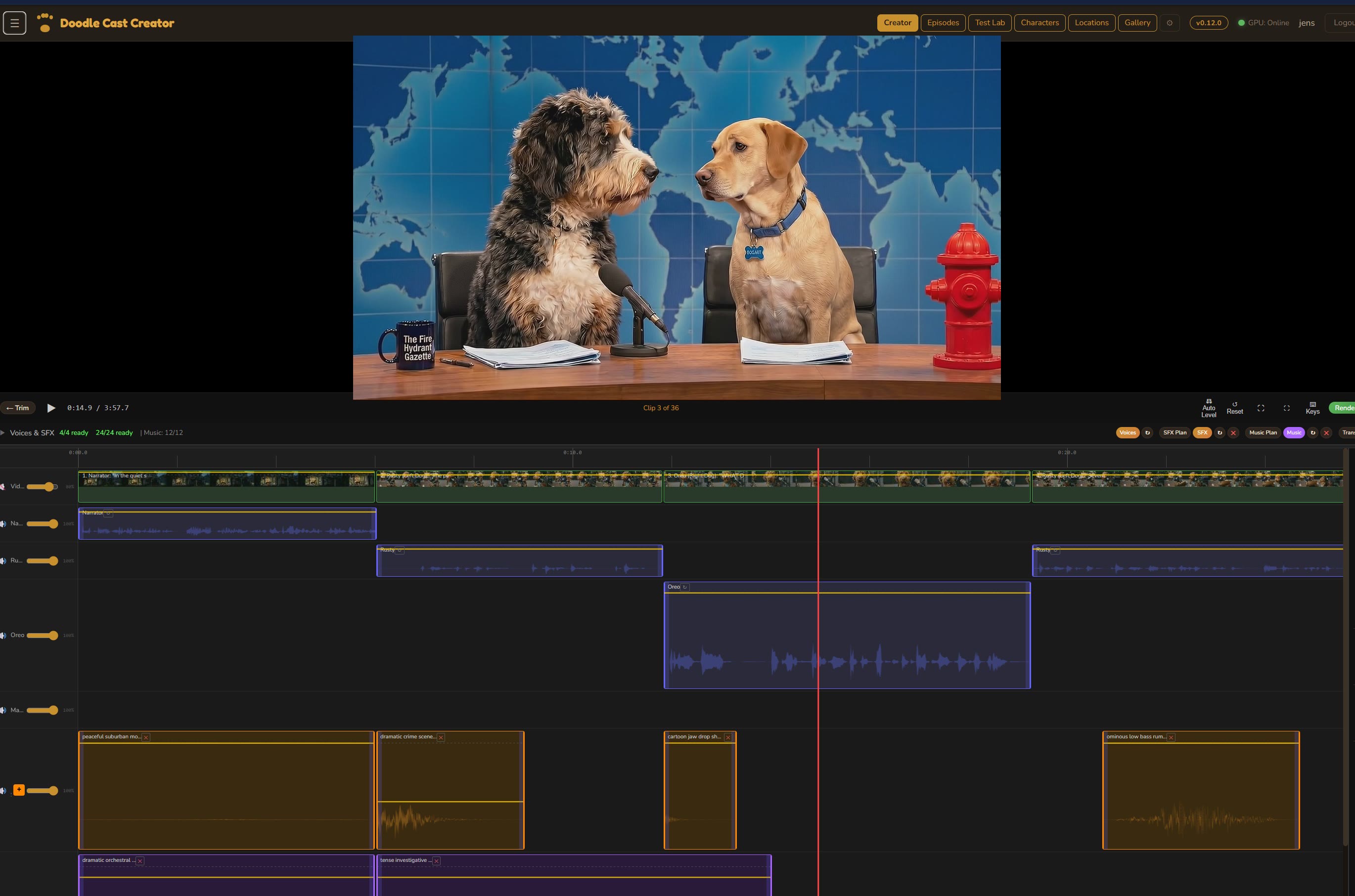 Doodle Cast Creator audio editor — Fire Hydrant Gazette episode loaded, multi-track timeline with dialogue, music, SFX, and audience lanes