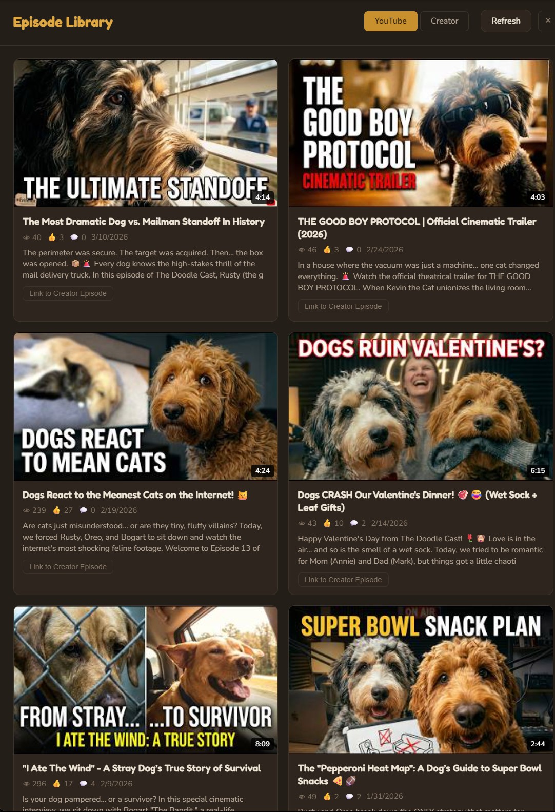 Episode library with status filters and thumbnails