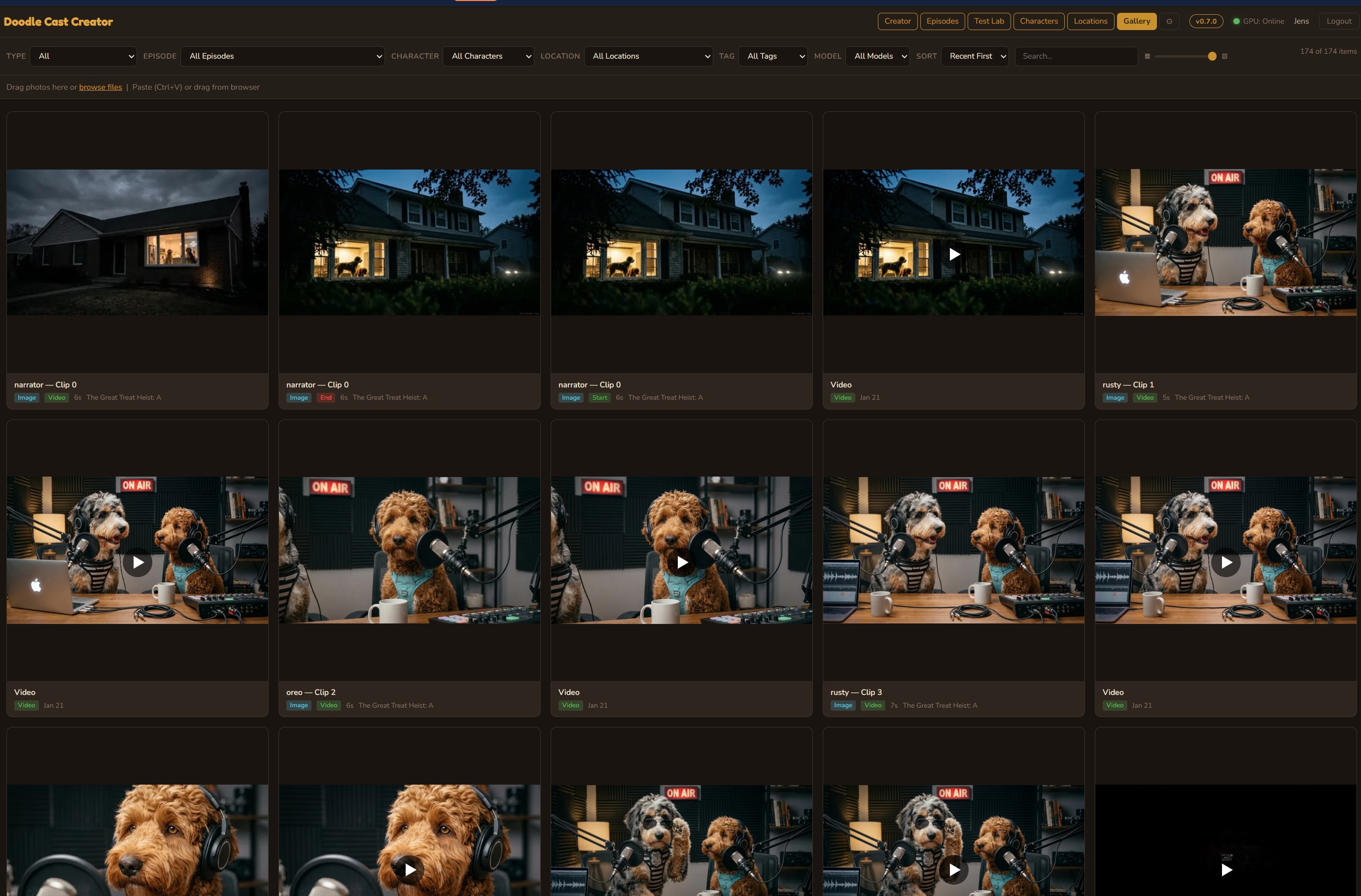 Media gallery with episode thumbnails and video previews