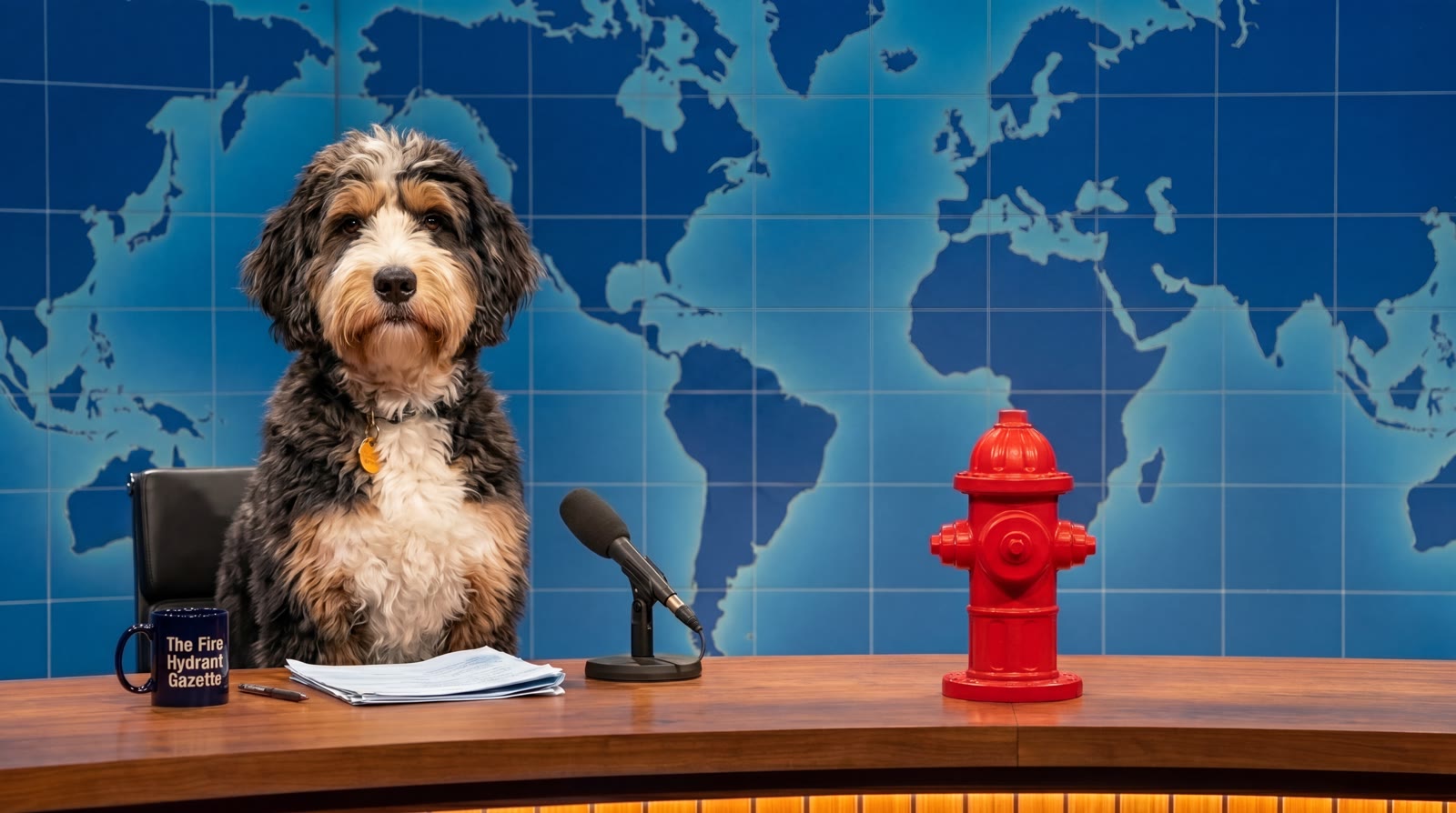 Fire Hydrant Gazette anchor solo shot — Rusty at the news desk with branded mug and fire-hydrant prop