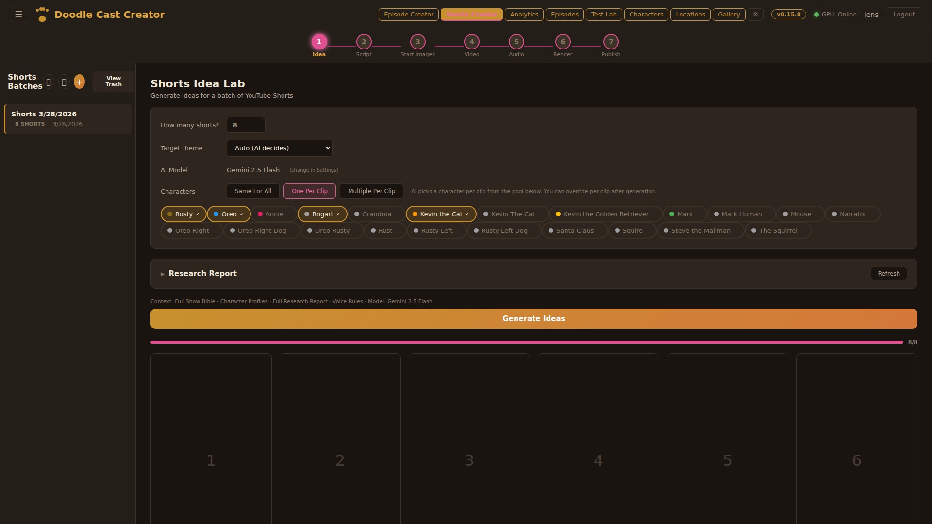 Shorts Idea Lab with LLM model selection and character assignment