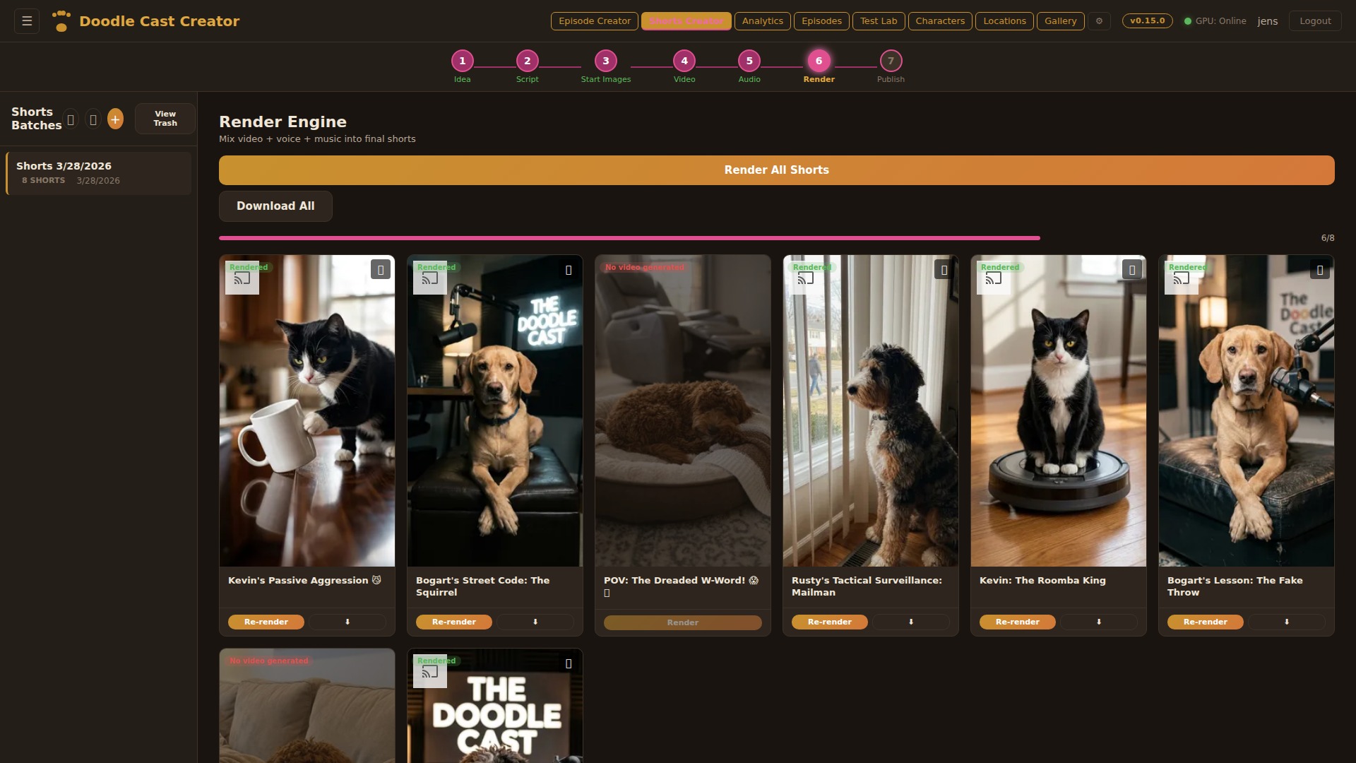 Shorts render engine with batch processing